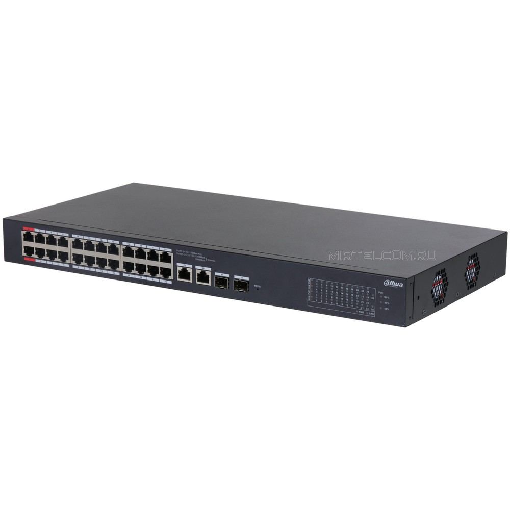 Управляемый 24 портовый PoE-коммутатор 2 уровня, с 2 портами комбо-SFP 1000Base-X, 240Вт, Dahua