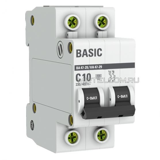 Автоматический выключатель 2P 10А ВА 47-29 Basic, Ekf mcb4729-2-10c