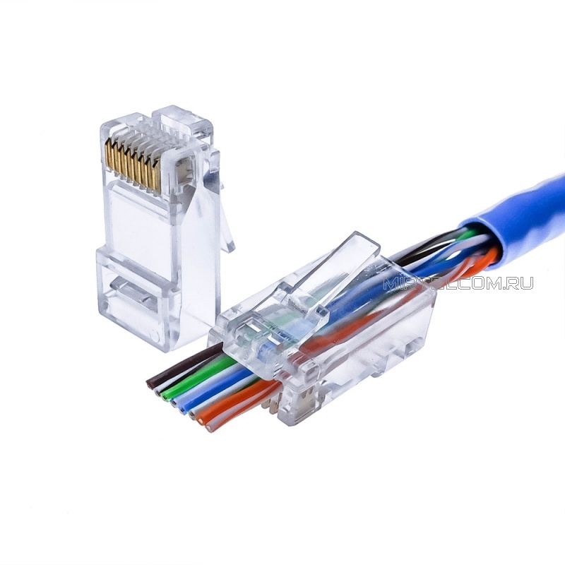 Коннектор легкой оконцовки RJ-45 UTP 8P8C кат.5e, универсальный (для одножильного и многожильного кабеля) (PLUG-8P8C-U-PLEZ)