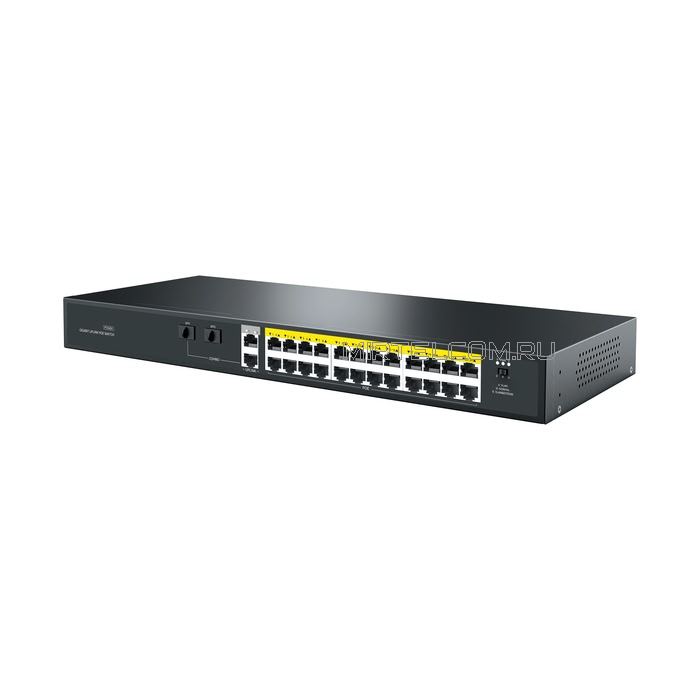 Коммутатор неуправляемый на 24 PoE-портов af/at, 2 Uplink 1000Base-T, 2 SFP 1G, 1U стоечный, 360 Вт